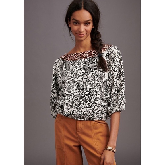 Nwt Anthropologie Samia Top Blouse Women’s tee boho Cotton Black White new - Picture 2 of 13